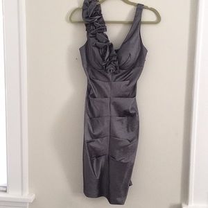 Metallic Silver Rouched Dress with Rosette Detail